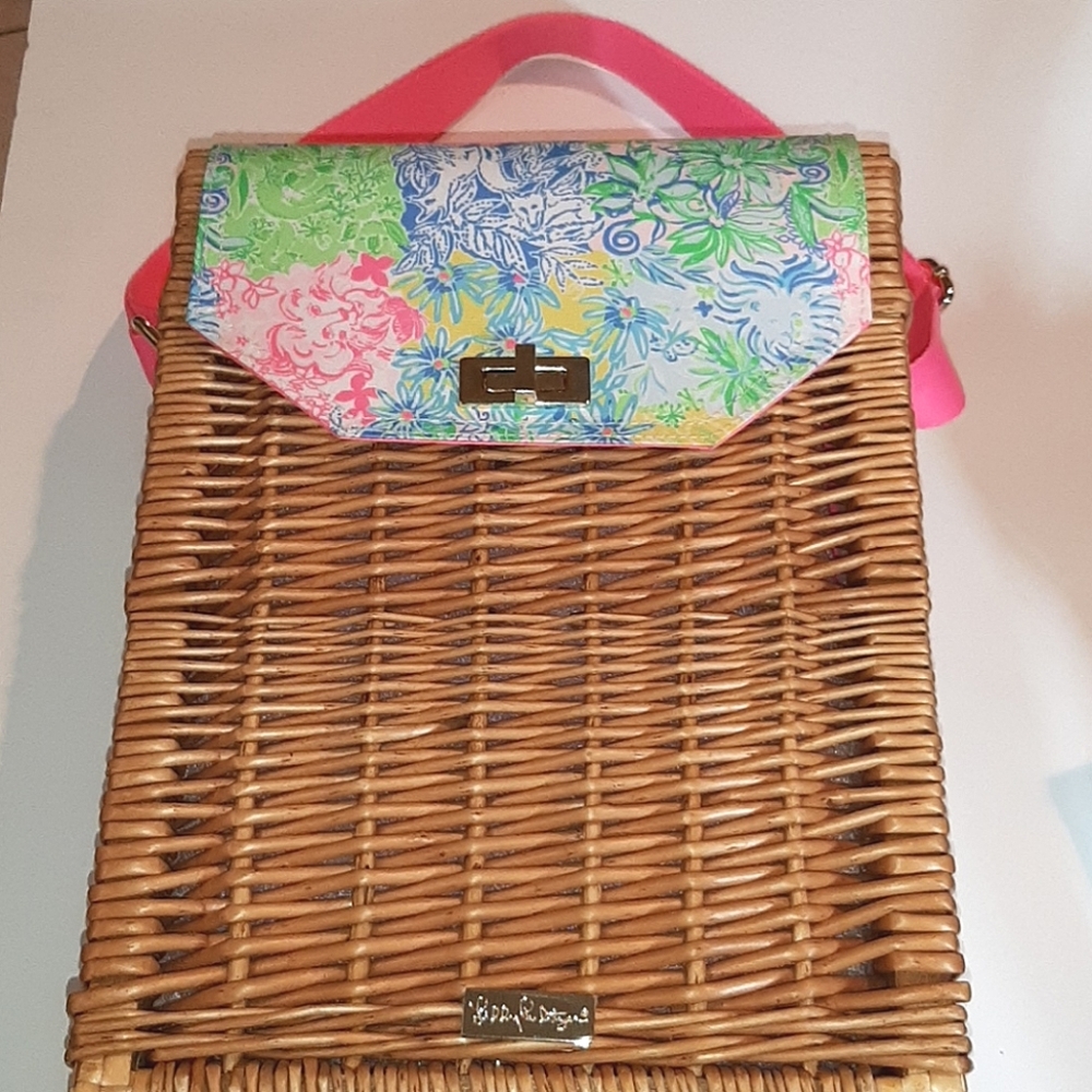 LILLY PULITZER RATTAN WINE/PICNIC BASKET CARRIER